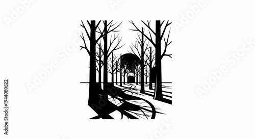 A dark, stylized pathway through bare trees leads towards a large, shadowed circle