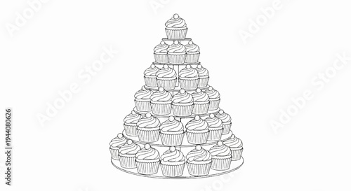 A multi-tiered stand displays a pyramid of frosted cupcakes