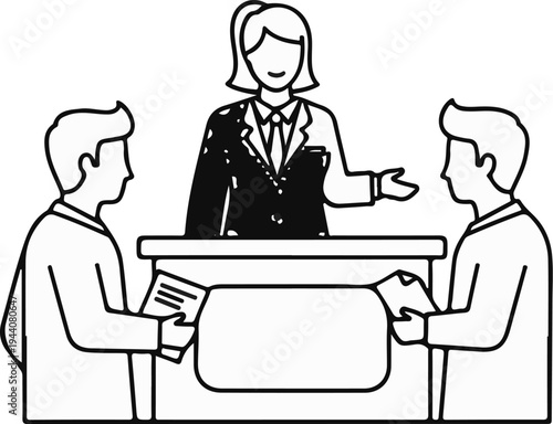 Business meeting with a presenter at a podium and two attendees