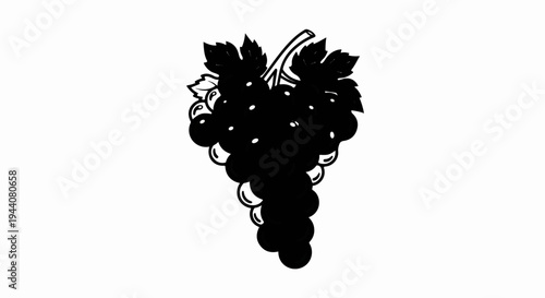 A stylized black and white drawing of a bunch of grapes with leaves