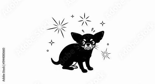 An anxious black dog with large ears sits surrounded by sparkling starbursts and small circles