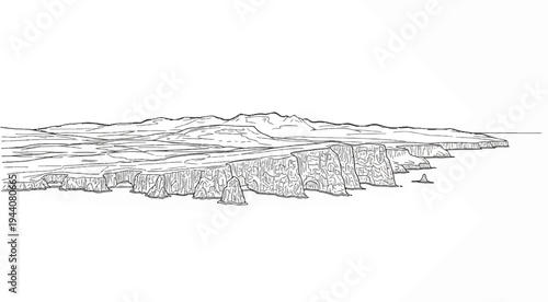 A panoramic sketch depicts rugged, layered cliffs dropping dramatically to the sea