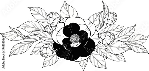 A stylized black and white floral arrangement with a central bloom, buds, and leaves