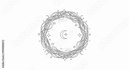 A mystical circular vine frame with crescent moons, stars, and cosmic swirls