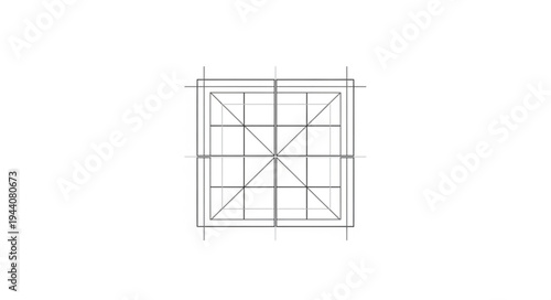 Architectural drawing of a geometric structure with intersecting lines.