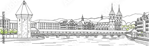 An artistic line drawing depicts a historic European town with a bridge and river
