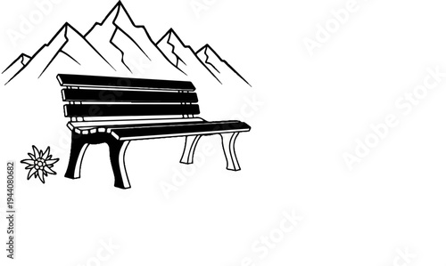 A park bench sits before a jagged mountain range with a small flower nearby