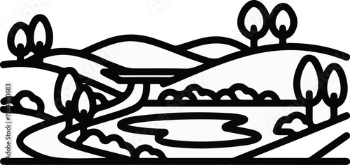 A stylized black and white illustration depicts a tranquil landscape with rolling hills and a winding river