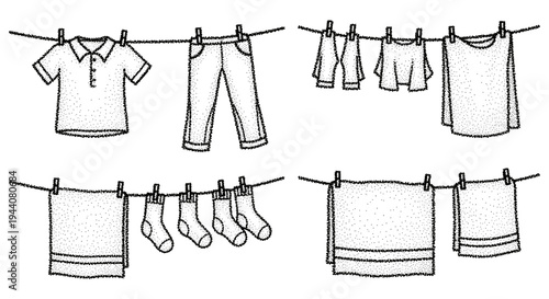 Clothes and towels hanging on a clothesline to dry, illustrated in a simple dot art style