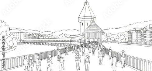 Busy bridge with people and a tower, lined by historic buildings and mountains