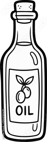 A stylized black and white illustration of a bottle with a cork stopper and a label