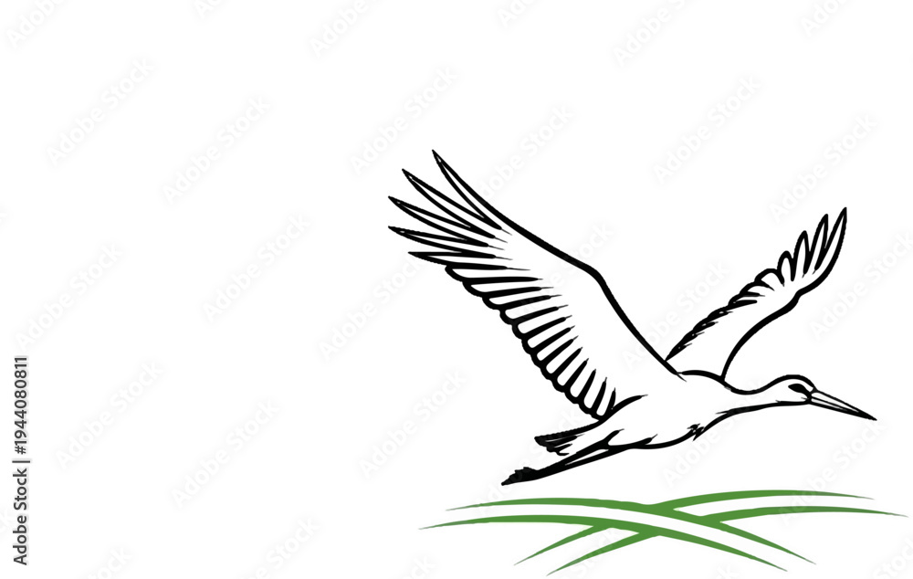 Fototapeta premium A stylized black outline of a bird in flight with wings spread over green grass blades