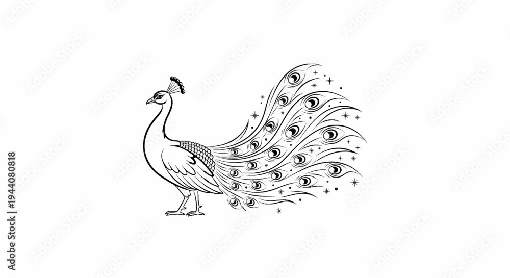 Fototapeta premium A stylized black and white peacock with a fanned tail and sparkling accents
