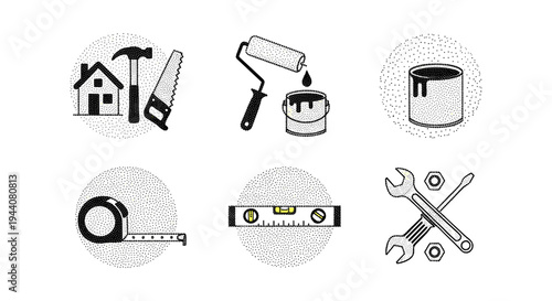 Collection of DIY and home renovation tools and supplies icons in a dotted style