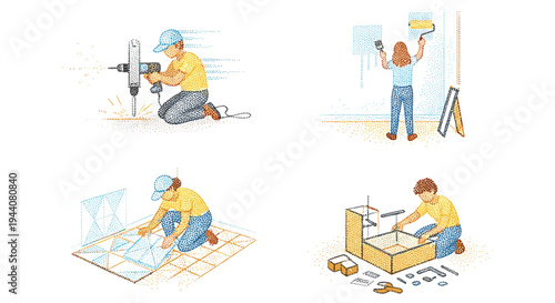 DIY home improvement montage: drilling, painting, tiling, and furniture assembly