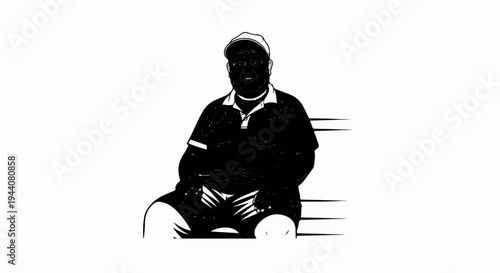A person wearing a cap and a collared shirt sits on a bench