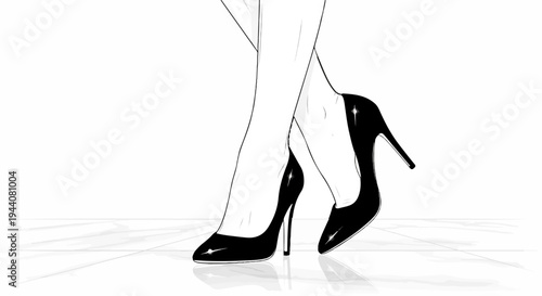 Elegant legs clad in shiny black stilettos gracefully cross over a polished surface