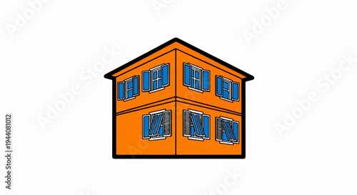 An orange building with multiple windows, some open with blue shutters