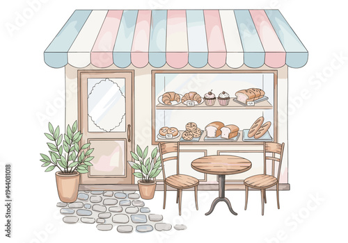 Charming bakery storefront with awning, display window, and outdoor seating