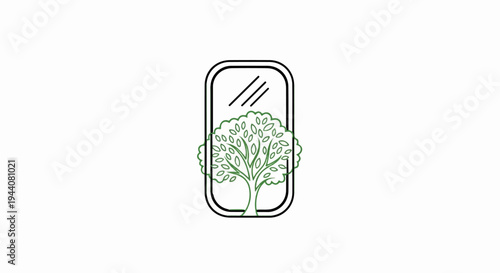 A stylized green tree with a full canopy is reflected in a rectangular mirror