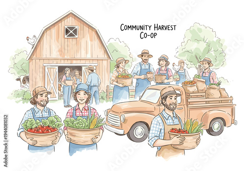 Community harvest co-op members proudly display baskets of fresh produce near a barn and truck