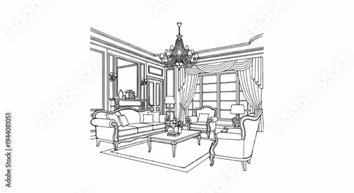 Elegant room interior with ornate furniture, chandelier, fireplace, and draped windows