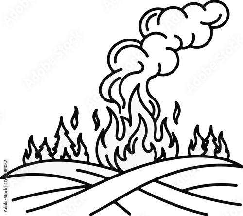 An outline drawing of a campfire with flames, logs, and rising smoke