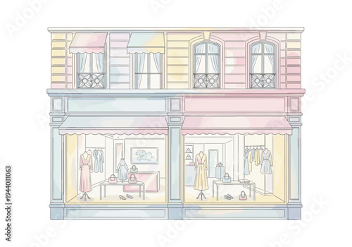 Charming pastel-colored boutique storefront with mannequins and clothing displays