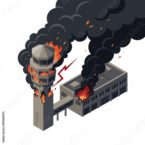isometric vector flat of an airport damaged by fire from a missile attack 3