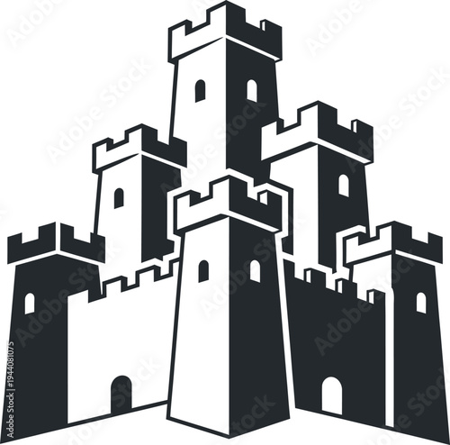 Black and white castle with multiple towers medieval