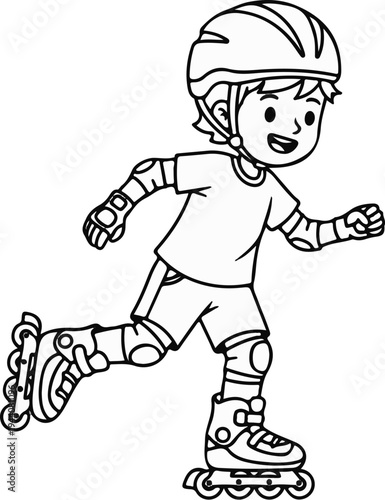 Cheerful child with helmet and protective gear rollerblading