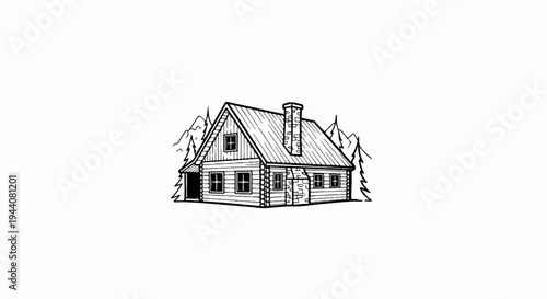 A rustic log cabin with a stone chimney, surrounded by evergreen trees and mountains