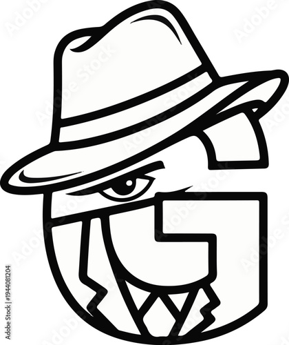 A stylized letter G depicted as a fierce character wearing a fedora and suit