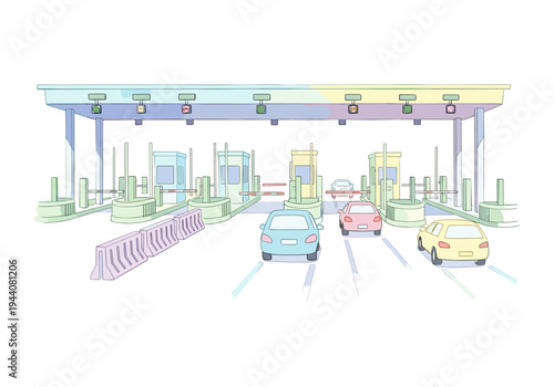 Cars approaching a toll booth plaza with barriers and traffic lights on a highway