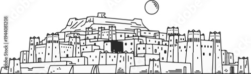 Evocative line art depicts an ancient cliffside settlement with layered adobe structures