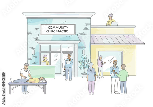 Community chiropractic clinic exterior with diverse patients and staff interacting