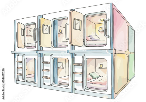Modern capsule hotel rooms stacked in a colorful, minimalist illustration style