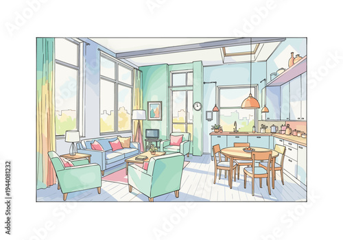 Bright and airy open-plan living room and kitchen with large windows and city views