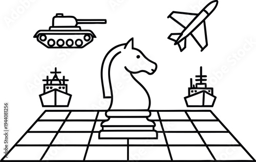 Black and white chess knight piece on grid with military vehicles and airplane chessboard tank
