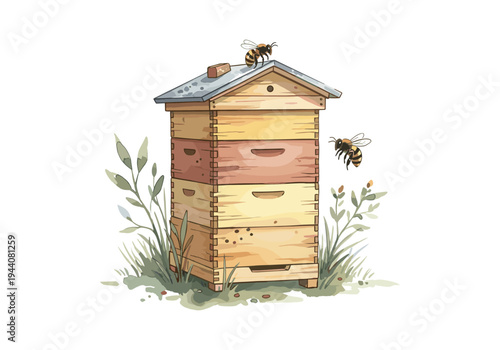 Watercolor illustration of a wooden beehive with bees flying around in a natural setting