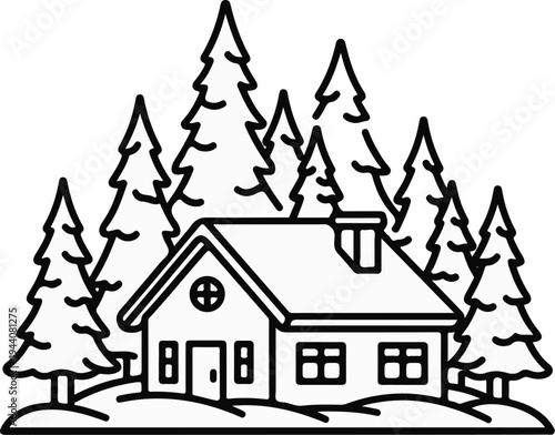 A stylized line drawing of a cabin nestled among pine trees in a wintery landscape