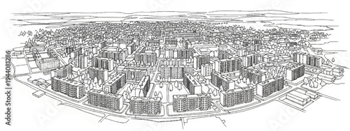 Extensive urban sketch with dense residential blocks and distant rolling hills