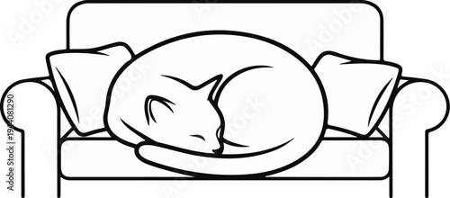 A stylized line drawing of a cat sleeping curled up on a sofa with pillows