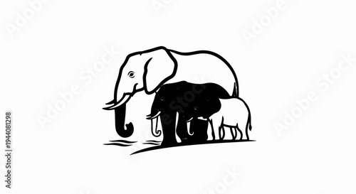 Family of elephants, with a large adult and two smaller ones, depicted in black and white