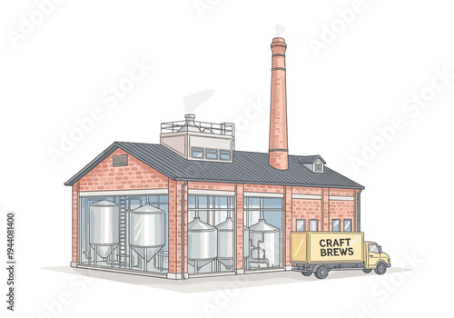 Illustration of a brick brewery building with large fermentation tanks and a delivery truck