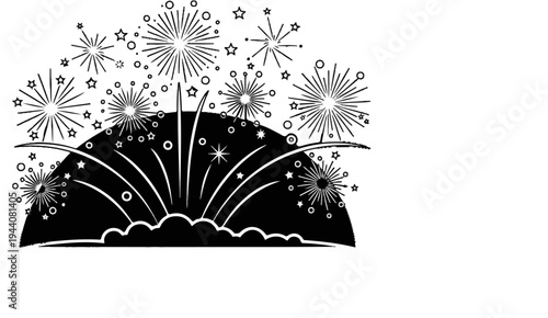 Festive explosion of starbursts and celebratory bursts against a dark, curved horizon