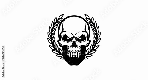 Menacing skull illustration with laurel wreath, sharp teeth, intense eyes