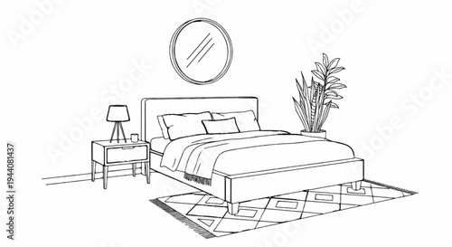 Minimalist bedroom sketch bed, nightstand, mirror, plant, rug