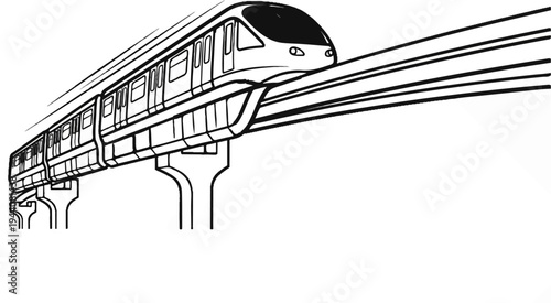 A stylized sketch of a modern monorail train speeding along elevated tracks