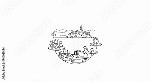 A serene scene with a swan swimming amidst water lilies and a distant village skyline